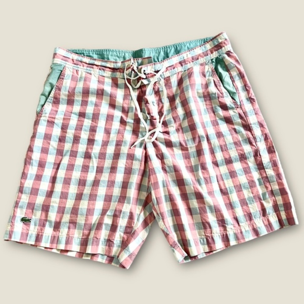 Lacoste Swimming Trunks Board Shorts Men Sz 8 Checkered Print Pink Crocodile ✅